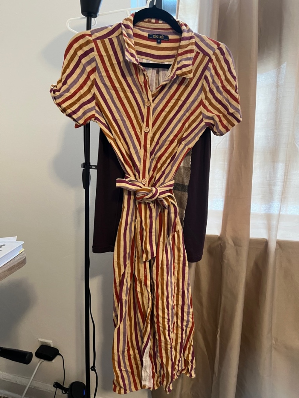 Striped Button-Front Tie-Waist Midi Dress in Mustard & Burgundy. Vintage look